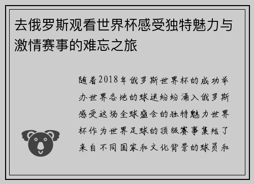 去俄罗斯观看世界杯感受独特魅力与激情赛事的难忘之旅