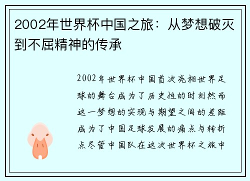 2002年世界杯中国之旅：从梦想破灭到不屈精神的传承